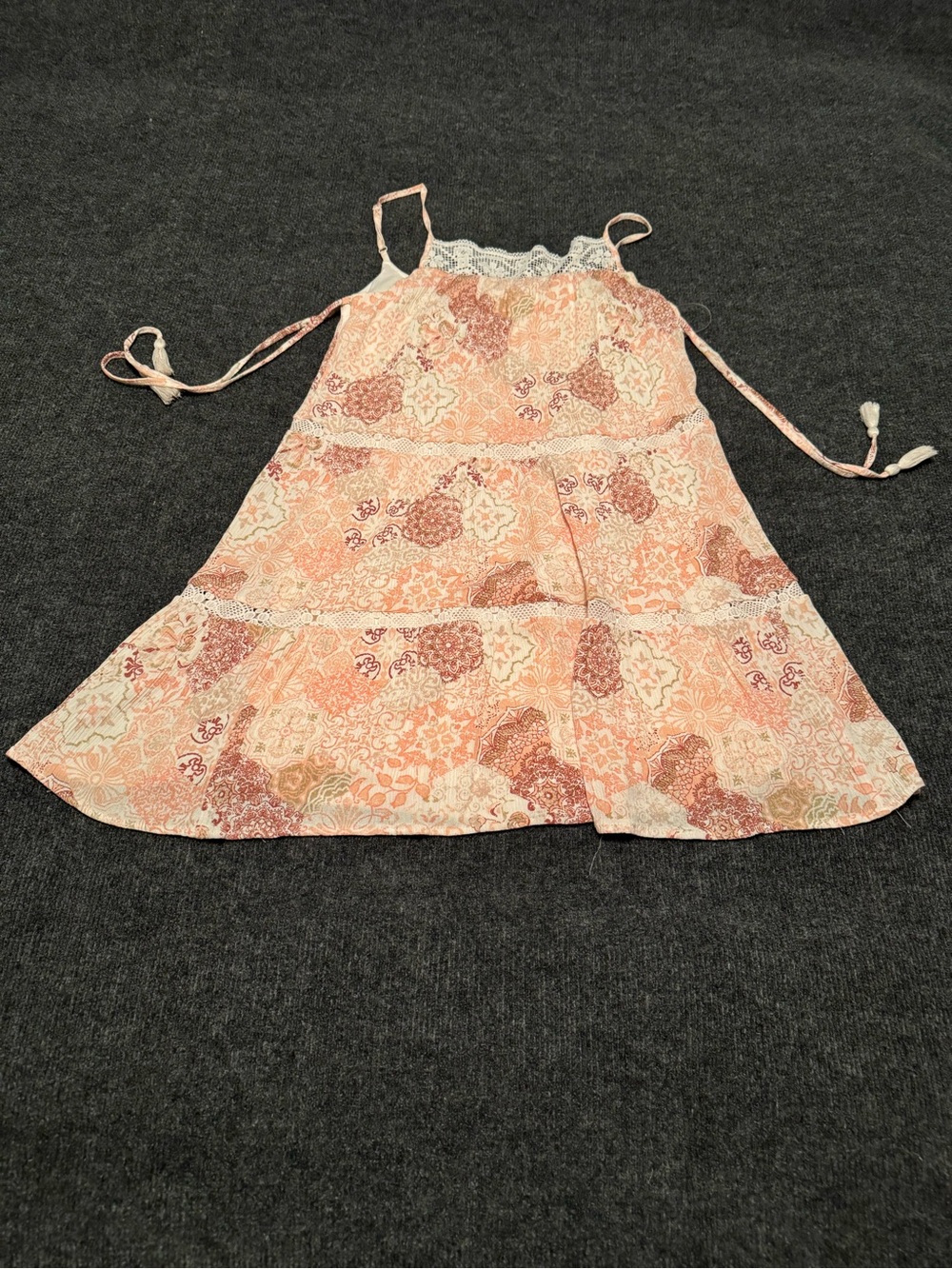 Wallflower Boho Patchwork Floral Tiered Dress -Peach Pink & Lace Accents - (S) - Picture 3 of 9